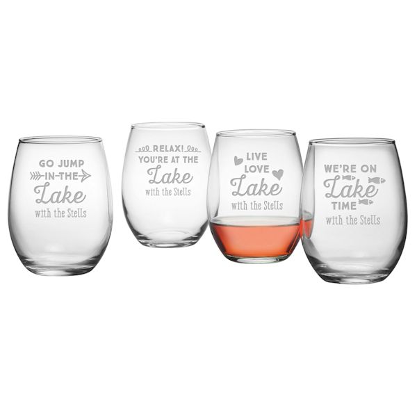 Set of 4 | Stemless Wine Glasses with Hand Cut Monogram, 21 oz